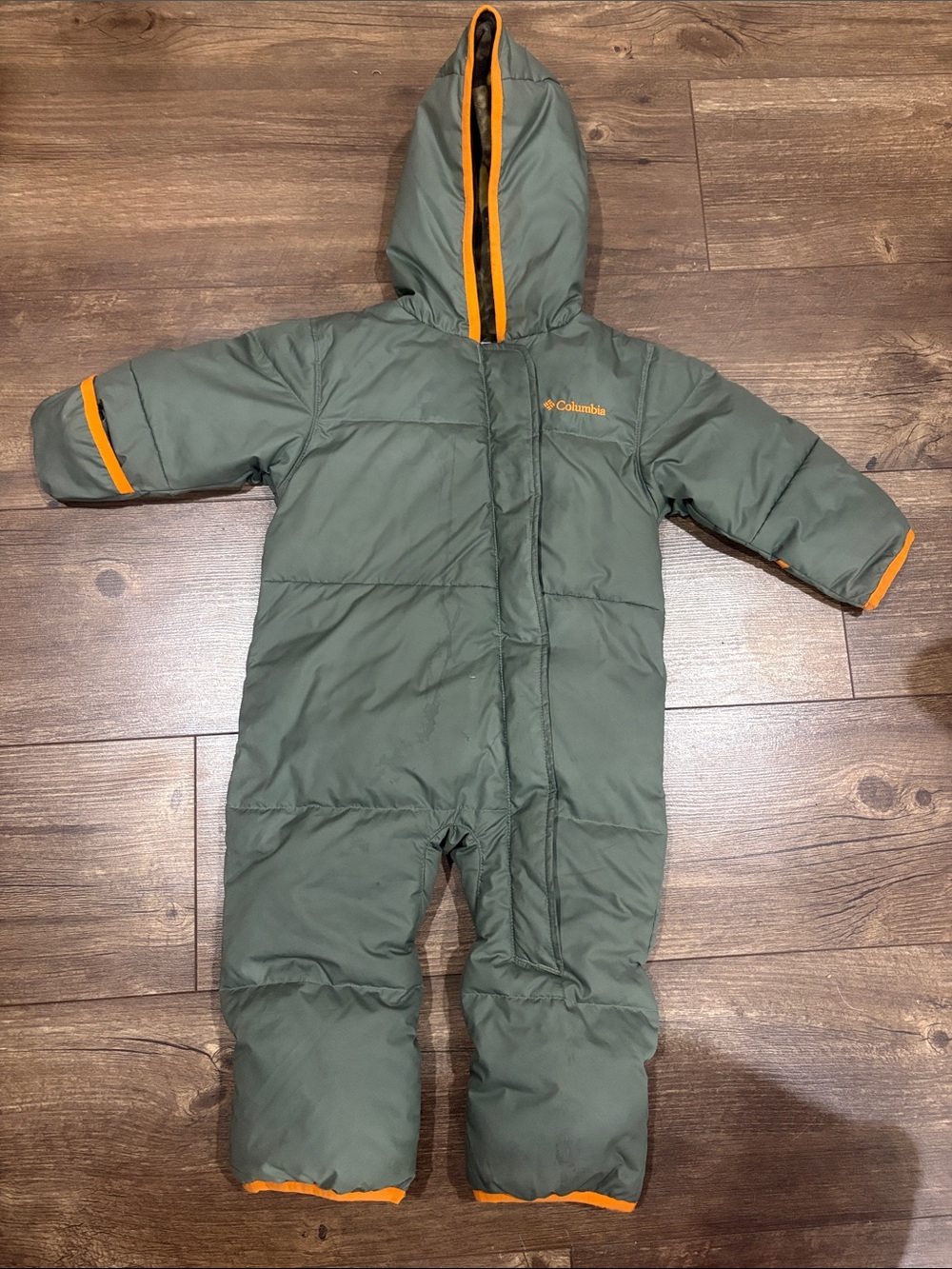 Columbia Olive Green One-Piece Snowsuit with Orange Trim